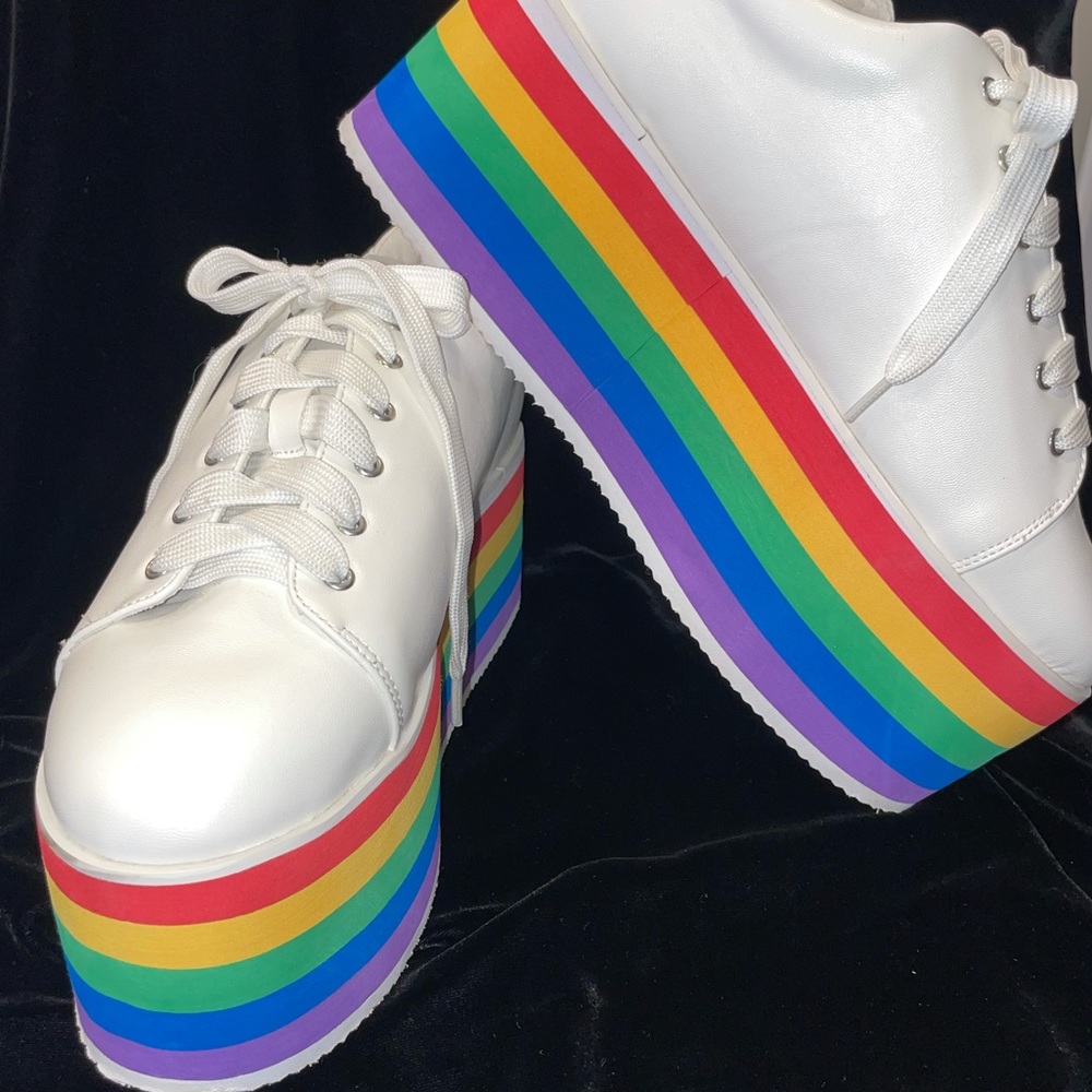 N.Y.L.A. X Dolls Kill Rainbow 🌈 Layered Platform V-Leather Sneakers - EUC